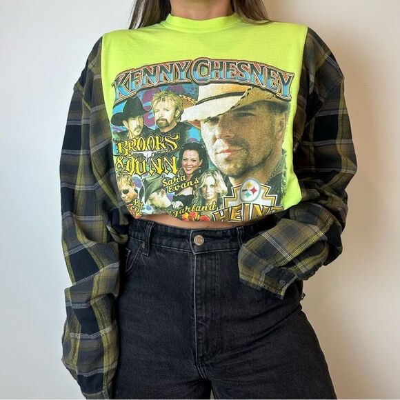 Reworked Music Band Tee Kenny Chesney Long Sleeve Flannel Brooks & Dunn Shirt - Picture 3 of 4